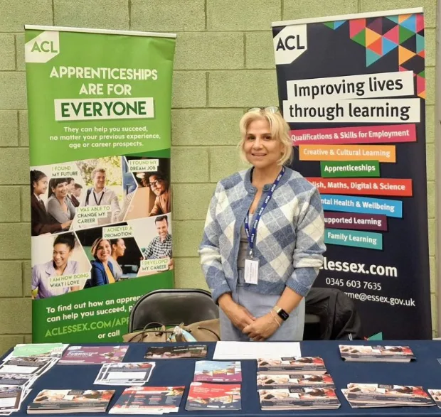 An Adult Community Learning outreach stand with apprenticeship and learning information